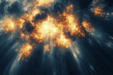 Naklejka premium Explosive energy erupts in fractal forms, showcasing a nuclear blast. Radiant light bursts illuminate the chaotic cloud, creating a captivating visual experience