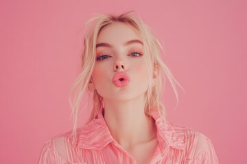 Chic Caucasian Woman in Trendy Fashion Blowing a Kiss Against a Soft Pink Background