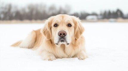 Obraz premium Golden retriever lying on snow-covered ground with blurred winter background. Companion and seasonal moment