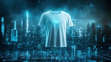 White T shirt Hovers Over Futuristic Cityscape