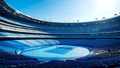 Fototapeta premium Empty tennis stadium under bright blue sky during daytime with court ready for play