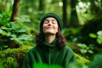 Naklejka premium Woman standing in a lush green forest, calm and harmonious