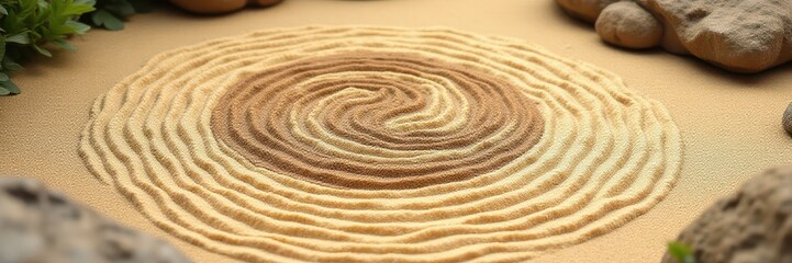 Naklejka premium Textured sand zen garden; yin yang symbol, raked patterns, feng shui elements, spiritual, raked