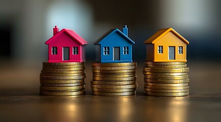 Colorful miniature houses on stacks of gold coins representing real estate investment, property market growth, and mortgage rates in housing industry.
