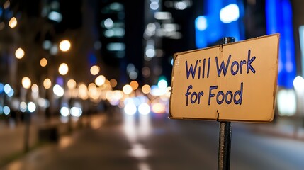 Fototapeta premium Sign reading Will Work for Food against blurred urban night background with bokeh lights and empty street, highlighting social issues and unemployment.