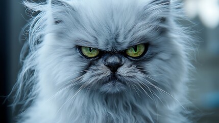 Fototapeta premium Close-up portrait of a majestic grey and white Persian cat with striking yellow-green eyes, showcasing intricate fur details and an intense expression, creating an engaging and captivating
