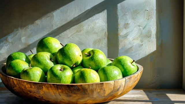Sunlight streaming on a bowl of green apples creating dynamic shadows