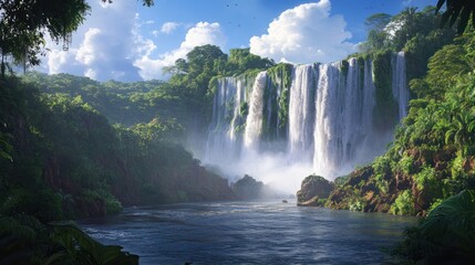 Fototapeta premium Lush jungle waterfall, calm river, boat, sunny day, travel brochure