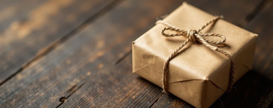 Wrapped brown package with twine string on a wooden table, twine, parcel, rustic