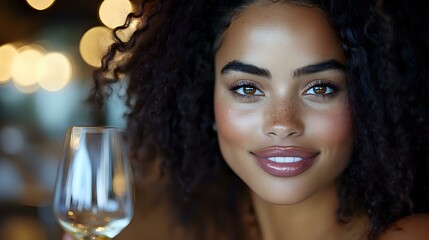 Fototapeta premium Young African American woman with natural curly hair and glowing makeup smiling at camera against blurred bokeh lights background with wine glass.