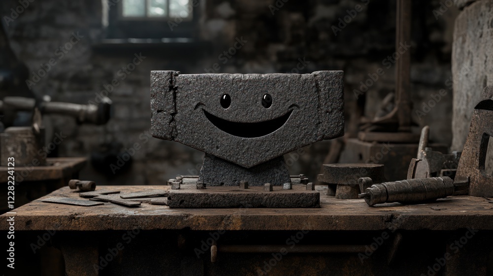 Poster a smiling anvil sits in a dark old workshop
