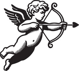 cupid with bow and arrow sketch engraving vector illustration. T-shirt apparel print design. Scratch board imitation. Black and white hand drawn image.