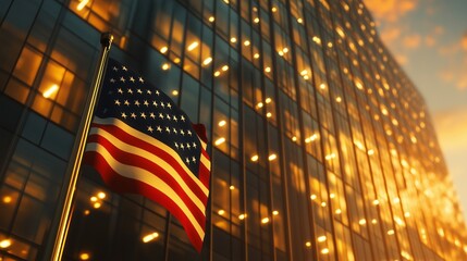 Close-up of an office buildingâ€™s light patterns with an American flag in the foreground, exploring light and symbolism