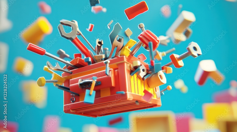 Poster Colorful Toolbox Exploding With Tools Flying