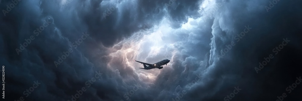 Poster flight navigating through ominous storm clouds at dusk with dramatic lighting effects above the land