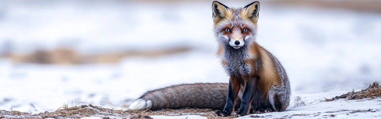 Fototapeta premium An arctic fox sits gracefully on the snowy tundra, its piercing blue eyes gazing into the distance. The pristine white surroundings highlight its beautiful fur and alert demeanor
