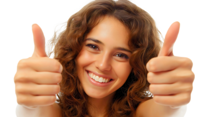 Joyful Young Woman with Thumbs Up Celebrating Happiness and Confidence in Casual Attire