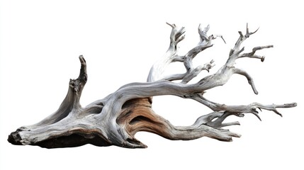 Isolated Aged Driftwood on White Background, Unique Tree Branch from the Sea