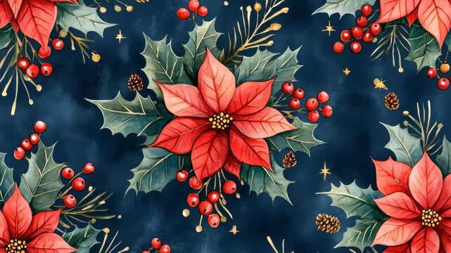 Festive poinsettia pattern with holly and berries on dark background for holiday decor