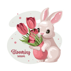 Blooming season. Happy Easter bunny. Cute white rabbit with pink tulip flowers. Vector illustration for poster, banner, card, postcard.