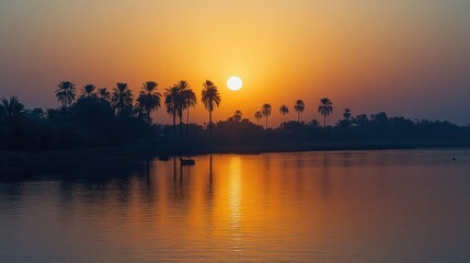 Serene Sunset Over Palm Trees and Calm Water
