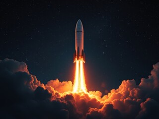  Rocket launching through fiery clouds into a starry night sky with a bright flame