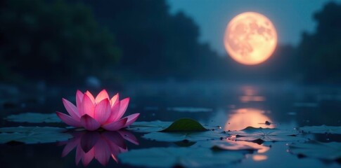 Softly glowing moon casts light on lotus flowers in a tranquil pool, serene, night