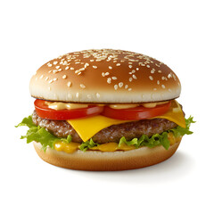close-up of a delicious-looking hamburger. The hamburger consists of a soft, golden-brown bun, crispy bacon strips, melted cheddar cheese, a juicy beef patty, fresh red onion slices, a slice of tomato
