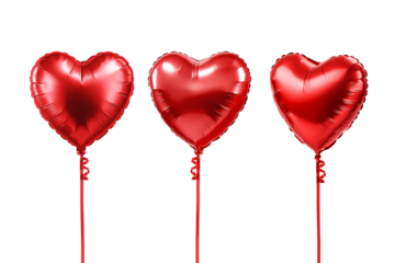 Set of red heart shaped metallic foil balloons isolated on a transparent background. PNG. High resolution. Concept of love and celebration. Valentine's Day.