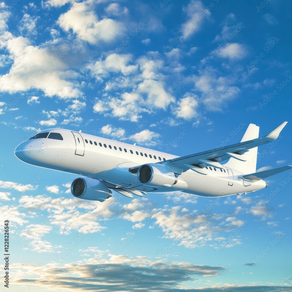 Poster airplane soaring through a vibrant sky filled with fluffy clouds during daylight hours. generative a