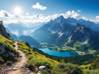 Scenic mountain trail leading down to a lake in a valley with a bright sun and blue sky