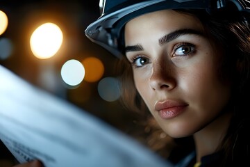 Young Hispanic female construction engineer in safety helmet reviewing blueprints at night, illuminated by construction site lights, showing confidence and expertise.