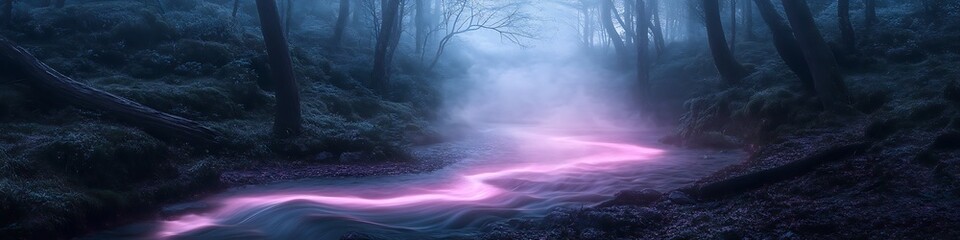 Fototapeta premium Ethereal fog swirling around a luminous forest stream glowing softly in pink