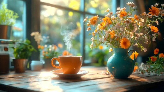 Steaming coffee cup on a rustic wooden table beside a vibrant flower vase in soft morning sunlight, seamless looping 4k time-lapse animation video background. Animation concept