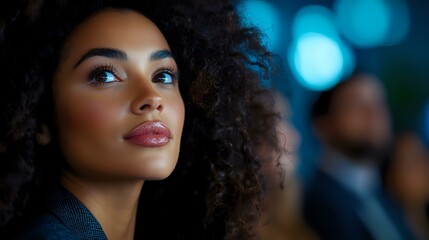 Fototapeta premium Young African American woman with natural curly hair looking up thoughtfully against blurred blue bokeh background at evening social event or celebration.