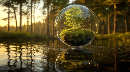 Serenity of nature captured in a glass sphere reflecting a small tree on a tranquil water surface at sunset
