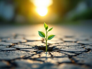  Small green plant growing through cracked dry earth at sunset with a bright sun