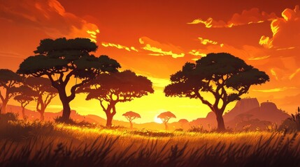 African Savanna Sunset Golden Hour Landscape