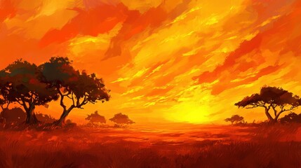 Obraz premium African Savanna Sunset Landscape With Silhouetted Trees