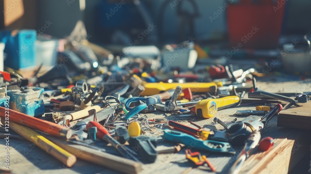 Poster assorted tools scattered on a workbench