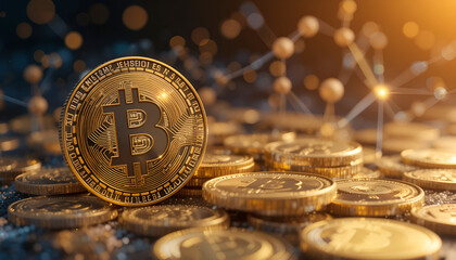 euro cent coins.
"Digital coins with blockchain network connections in the background."