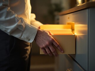 Obraz premium Close-up of a hand opening a filing cabinet drawer containing files, with soft lighting and focus on hands.