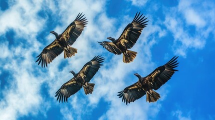 Obraz premium Majestic Vultures Soaring: A Flock of Himalayan Griffons in Flight, Chased by Crows Against a Stunning Blue Sky