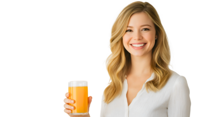 Cheerful Young Woman Enjoying Orange Juice in Studio Portrait
