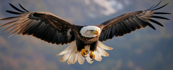 Obraz premium A bald eagle flies through the air with its wings fully extended, showcasing sharp talons ready to capture prey. The stunning mountain backdrop adds to the breathtaking view