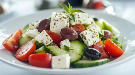 A fresh Greek salad with feta cheese, olives, cucumber