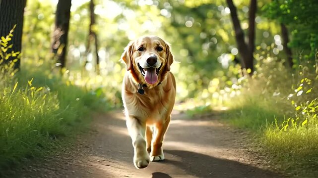 Happy Golden Retriever Walking in Sunlit Forest Trail