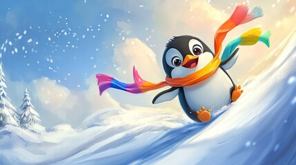 Happy penguin sledding snowy hill, winter landscape, whimsical illustration, children's book