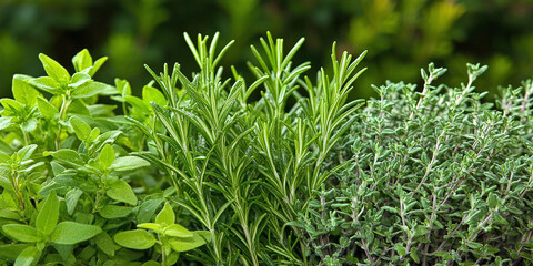 A selection of perennial herbs, including rosemary, oregano, and thyme, freshly gathered and meticulously arranged, highlighting their rich green tones and fragrant, aromatic essence.