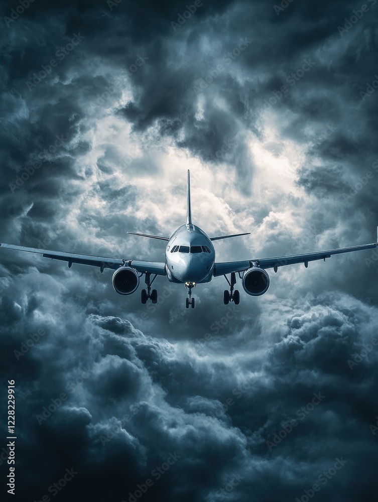Poster dramatic airplane surrounded by dark clouds during turbulent flight conditions. generative ai